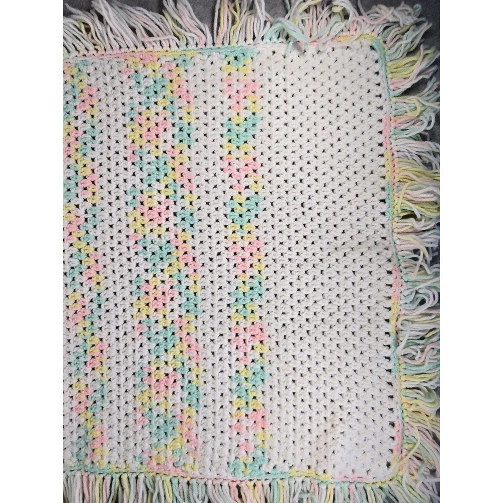 Vintage Handmade Crochet Pastel Rainbow Baby Blanket Fringe Tassel Trim 38x29